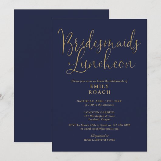 ネイビーブルーとゴールドのスクリプト形式のブライズメイドのランチ会 招待状 (正面/裏面)