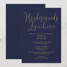 ネイビーブルーとゴールドのスクリプト形式のブライズメイドのランチ会 招待状
