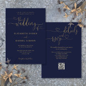 ネイビーブルーとゴールドのハートスクリプトQRコード結婚式 招待状