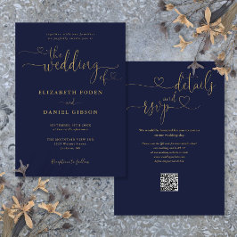 ネイビーブルーとゴールドのハートスクリプトQRコード結婚式 招待状