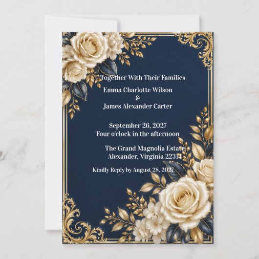 ネイビーブルーとゴールドのフォーマルな結婚式の招待状 招待状 (正面)