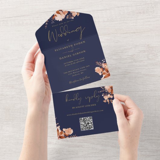 ネイビーブルーとゴールドのフラワーQRコード 秋の結婚式 オールインワン招待状 (貼ってはがせる)