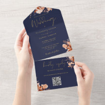 ネイビーブルーとゴールドのフラワーQRコード 秋の結婚式