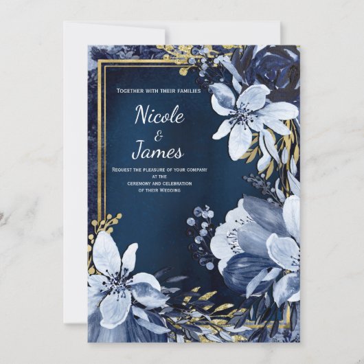 ネイビーブルーとゴールドのモダンな水彩花柄のウェディング 招待状 (正面)
