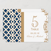 ネイビーブルーとゴールドのモロッコ風ウェディングテーブルナンバー 招待状 (正面/裏面)