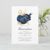 ネイビーブルーとゴールドのヴィンテージローズのQuinceañera 招待状 (スタンド正面)