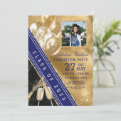 ネイビーブルーとゴールドの写真付き卒業パーティー招待状 招待状 (スタンド正面)