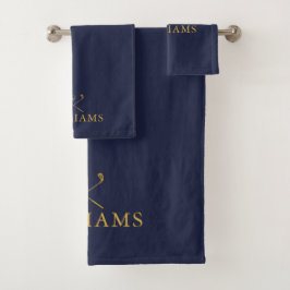 ネイビーブルーとゴールドの名前入りゴルフクラブ バスタオルセット