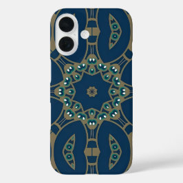 ネイビーブルーとゴールドの幾何学オクタゴンパターン iPhone 16ケース