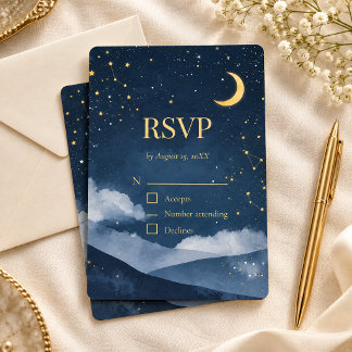 ネイビーブルーとゴールドの星の結婚式RSVPカード 招待状