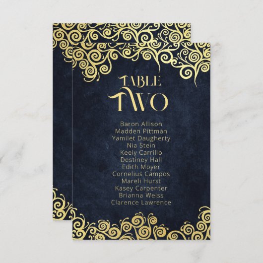 ネイビーブルーとゴールドの渦巻き席表 テーブル番号 招待状 (正面/裏面)