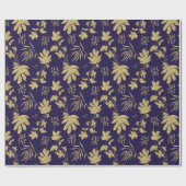 ネイビーブルーとゴールドの色の植物と葉 ラッピングペーパー (フラット)