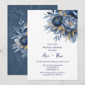 ネイビーブルーとゴールドの芍薬の花のウェディングシャワー 招待状 (正面/裏面)