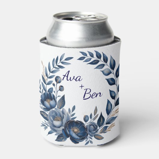 ネイビーブルーとゴールドの芍薬の花のウェディング 缶クーラー (缶正面)