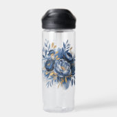 ネイビーブルーとゴールドの芍薬の花 ウェディング グルームスメン ウォーターボトル (背面)