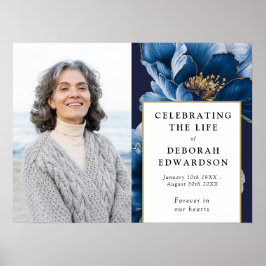 ネイビーブルーとゴールドの花の追悼式 生前の写真看板 ポスター
