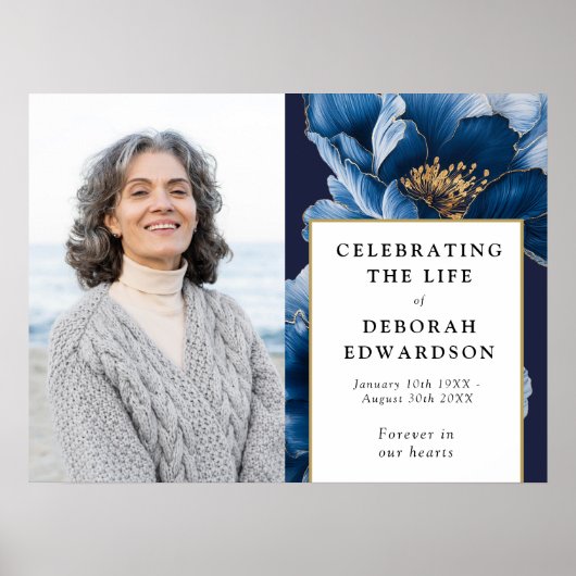 ネイビーブルーとゴールドの花の追悼式 生前の写真看板 ポスター (正面)