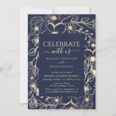 ネイビーブルーとゴールドの花柄の結婚式の披露宴 招待状 (正面)