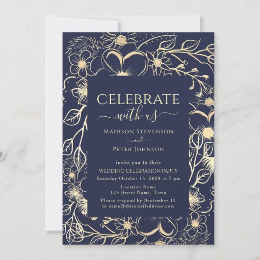 ネイビーブルーとゴールドの花柄の結婚式の披露宴 招待状 (正面)