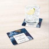 ネイビーブルーとゴールドの花柄 エレガント モダン ウェディング スクエアペーパーコースター (インサイチュ)