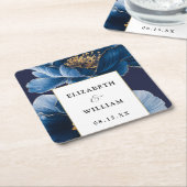 ネイビーブルーとゴールドの花柄 エレガント モダン ウェディング スクエアペーパーコースター (アングル)