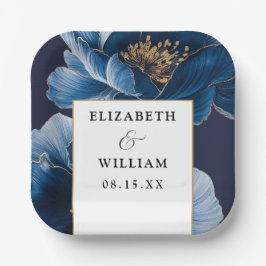 ネイビーブルーとゴールドの花柄 エレガント モダン ウェディング ペーパープレート