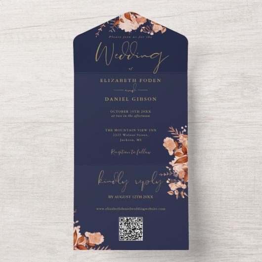ネイビーブルーとゴールドの花柄QRコード付き秋の結婚式 オールインワン招待状 (内側)