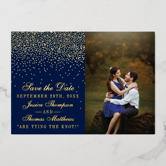 ネイビーブルーとゴールドの輝きの結婚式Save The Date(結婚式招待状)本物の箔押し 箔招待状 (正面)