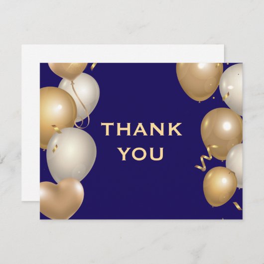 ネイビーブルーとゴールドの風船のコンフェッティ サンキューカード (正面/裏面)