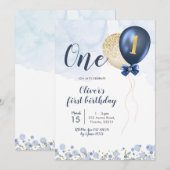 ネイビーブルーとゴールドの風船の男の子の1歳の誕生日招待状 招待状 (正面/裏面)