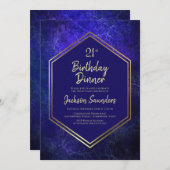 ネイビーブルーとゴールドの21歳誕生日ディナーParty 招待状 (正面/裏面)