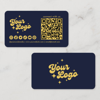 ネイビーブルーとゴールドの「Connect With Us」ロゴQRコード 名刺