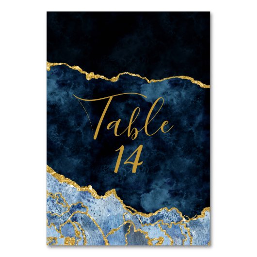 ネイビーブルーとゴールドフォイルアゲート大理石結婚の テーブルナンバー (正面)