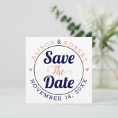 ネイビーブルーとサンゴのタイポグラフィの写真の背面 セーブザデート (スタンド正面)