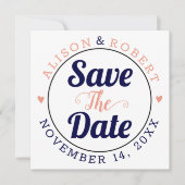 ネイビーブルーとサンゴのタイポグラフィの写真の背面 セーブザデート (正面)