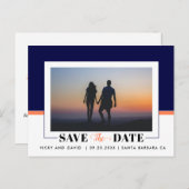 ネイビーブルーとサンゴの結婚式の日付の写真を保存 ポストカード (正面/裏面)