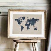 ネイビーブルーとサンドベージュの世界地図ウォールアートプリント ポスター