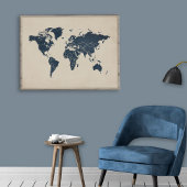 ネイビーブルーとサンドベージュの世界地図ウォールアートプリント ポスター