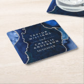 ネイビーブルーとシルバーのアガテ大理石結婚の スクエアペーパーコースター (アングル)