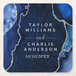 ネイビーブルーとシルバーのアガテ大理石結婚の スクエアペーパーコースター