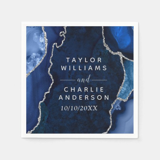 ネイビーブルーとシルバーのアガテ大理石結婚の スタンダードカクテルナプキン (正面)