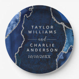 ネイビーブルーとシルバーのアガテ大理石結婚の ペーパープレート