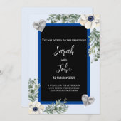 ネイビーブルーとシルバーのエレガントハート結婚フローラ 招待状 (正面/裏面)