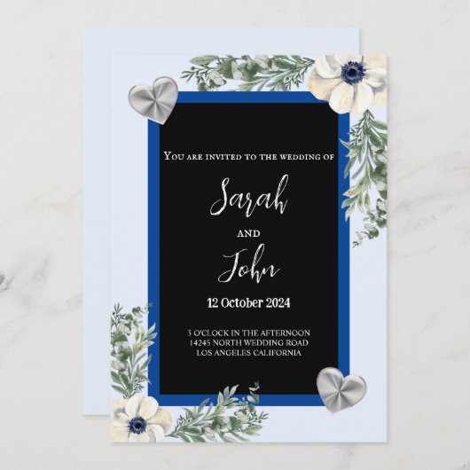 ネイビーブルーとシルバーのエレガントハート結婚フローラ 招待状 (正面/裏面)