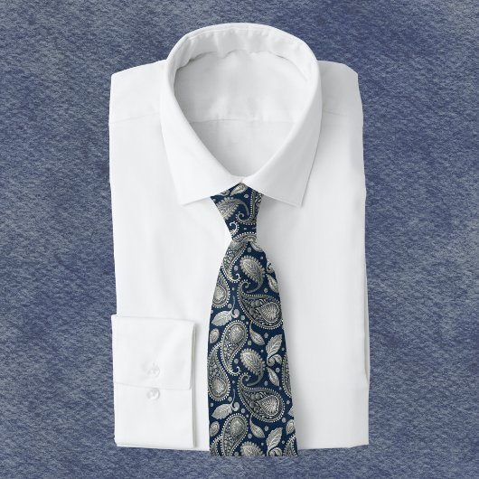 ネイビーブルーとシルバーのエレガントペイズリー ネクタイ