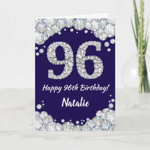 ネイビーブルーとシルバーのグリッターでおめでとう96歳の誕生日 カード