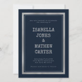 ネイビーブルーとシルバーのタイプライター フォントのラスティック ウェディング 招待状 (正面)