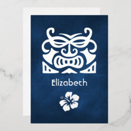 ネイビーブルーとシルバーのトロピカル・ブライダルシャワー 箔招待状