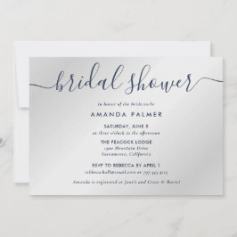 ネイビーブルーとシルバーのモダンスクリプトブライダルシャワー 招待状