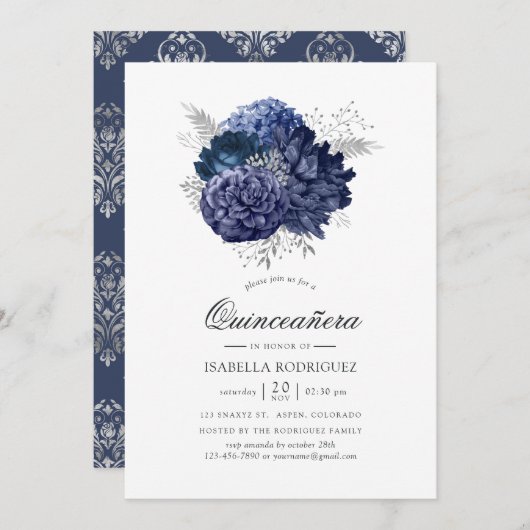 ネイビーブルーとシルバーのヴィンテージローズのキンセアニエラ 招待状 (正面/裏面)